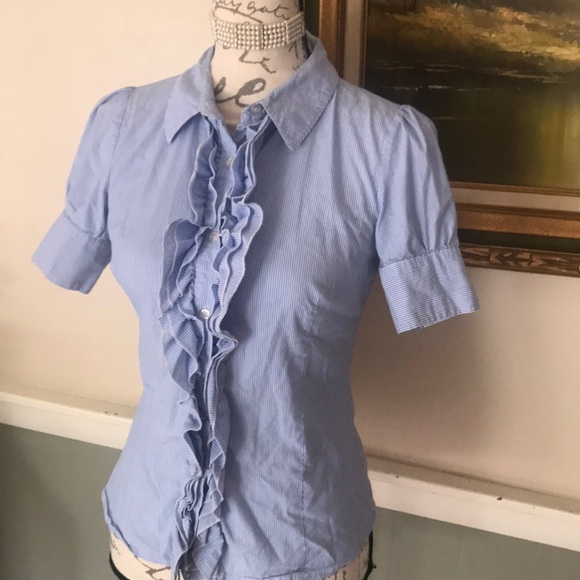 Mikarose Pin Striped Ruffle Short Sleeve Blouse - Picture 2 of 5